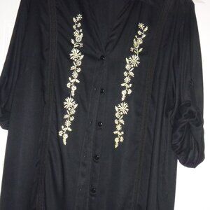 Company One- Women's  Black roll tab shirt with cream color embroidery on front